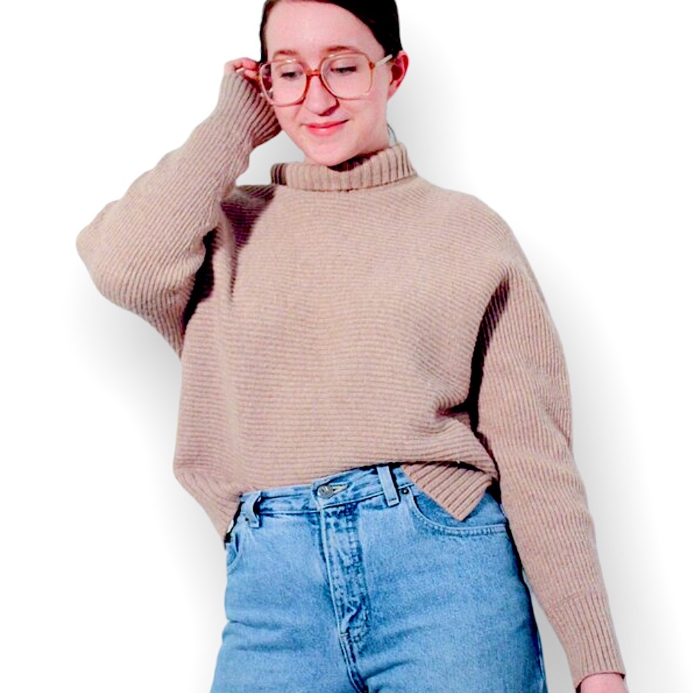 Loft Wool Ribbed Knit Hi-Low Turtleneck Cropped Sweater Size XL